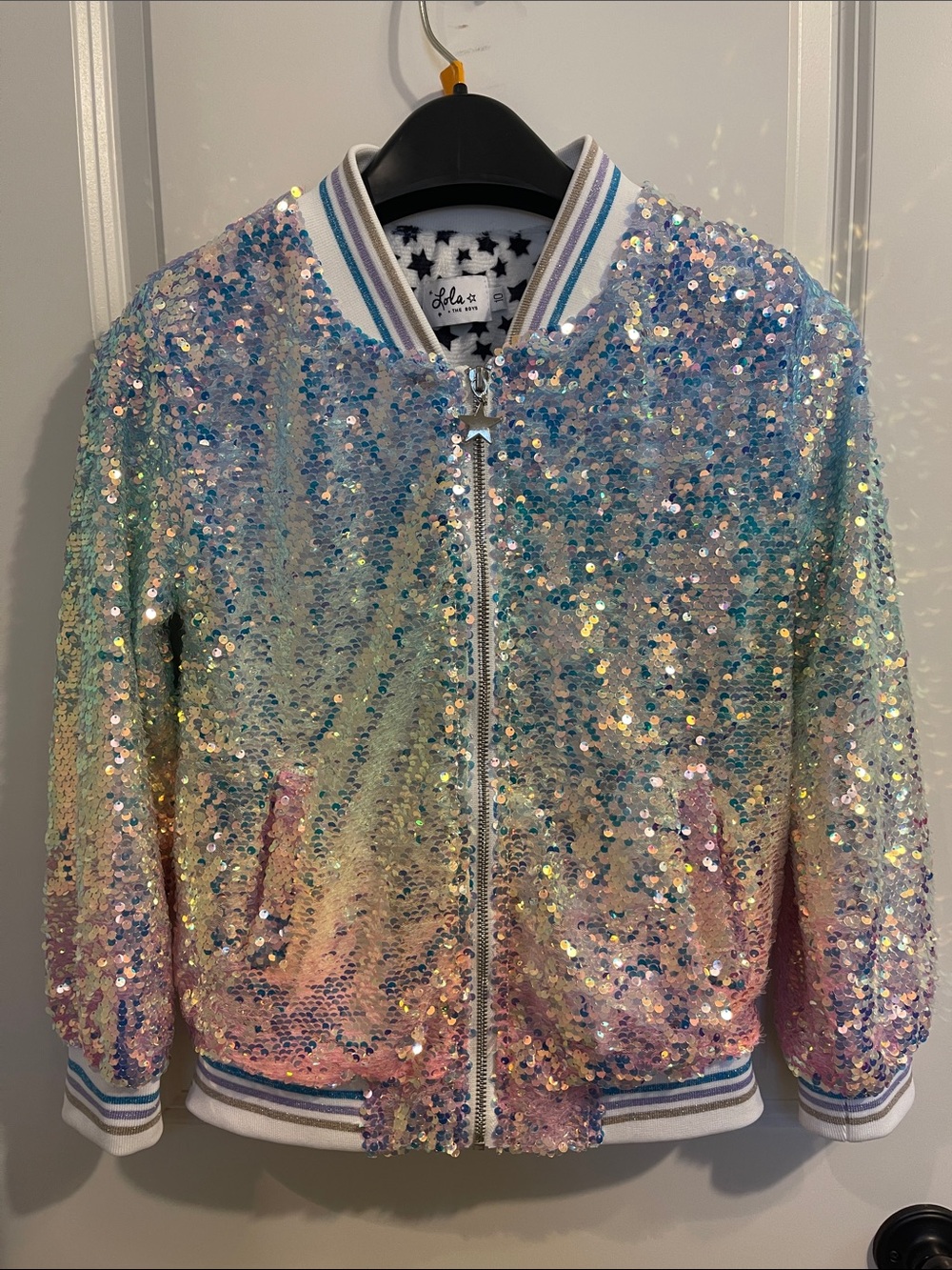 Lola + The Boys Pastel Iridescent Sequin Bomber Jacket